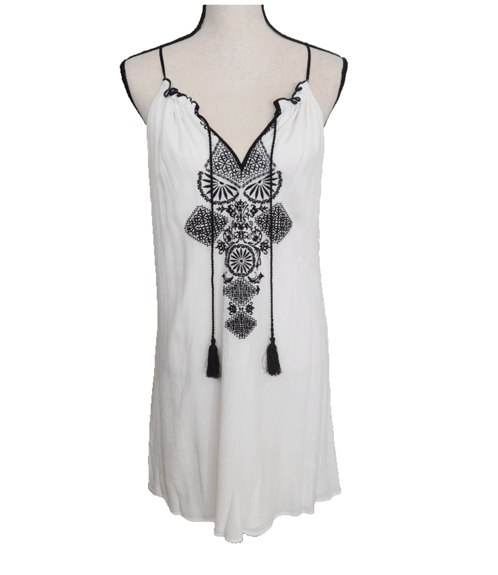 Y2K Crinkle Gauze Embroidered Tassel Halter Top Swim cover White Boho festive L